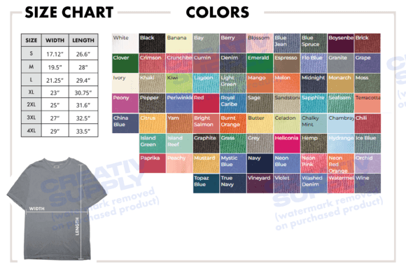 Color Chart Comfort Colors 1717 Sizes for T-Shirts & Graphics